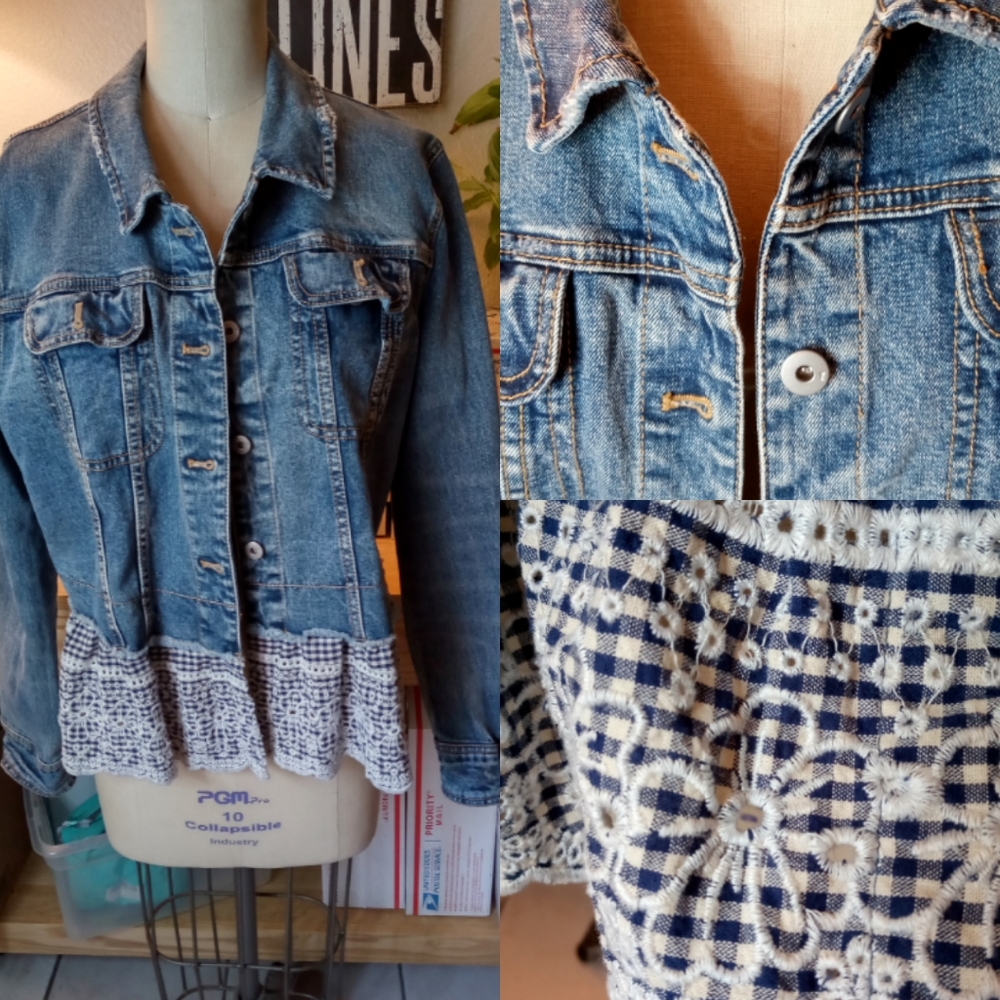Anthropologie Blue Denim Jacket with White Crochet Hem